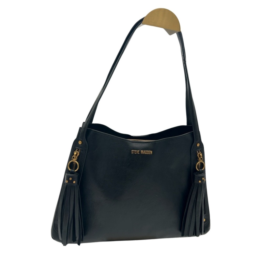 Steve Madden Shoulder Bag Women's Black Faux Leather Tassel Gold Hardware